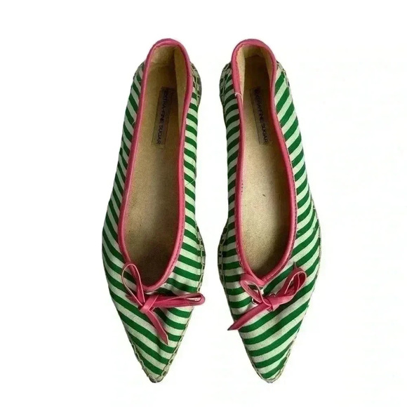 Extra-fine Sugar Espadrilles Size 6 Green/White Stripe with Pink Bow Flats - Picture 5 of 16